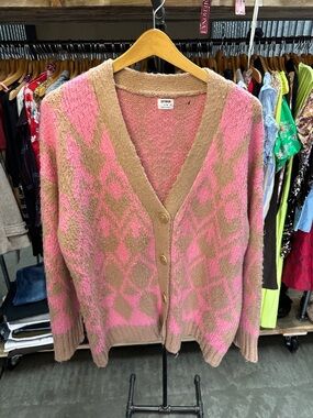 Cotton On Pink & Tan Geometric V-Neck Button Cardigan